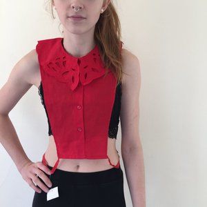 Red Linen Blend Eyelet Lace Collar Dickies Vtg 80s